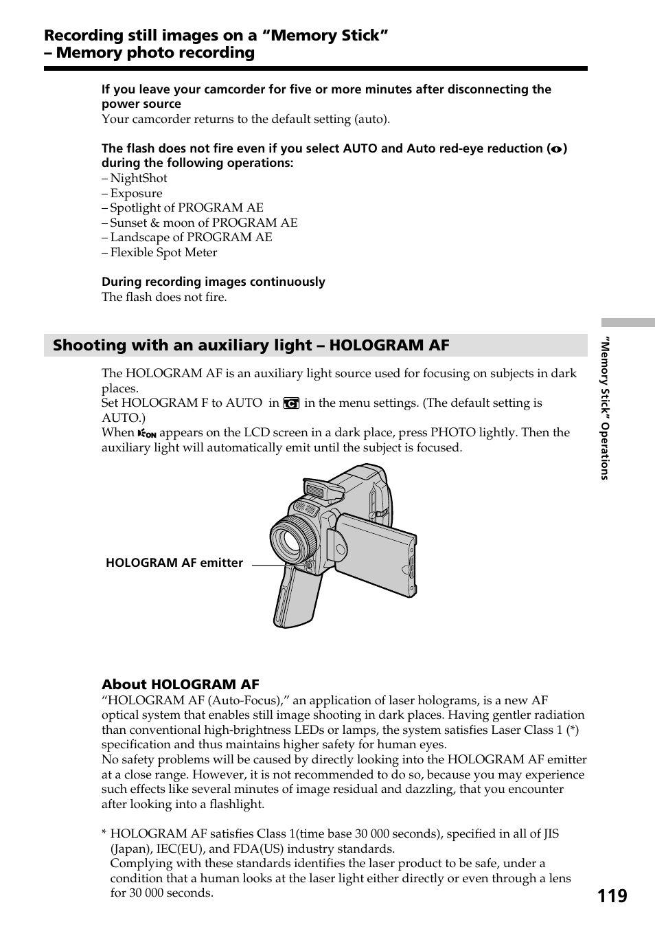 Shooting with an auxiliary light – hologram af | Sony DCR-IP55 User Manual | Page 119 / 216