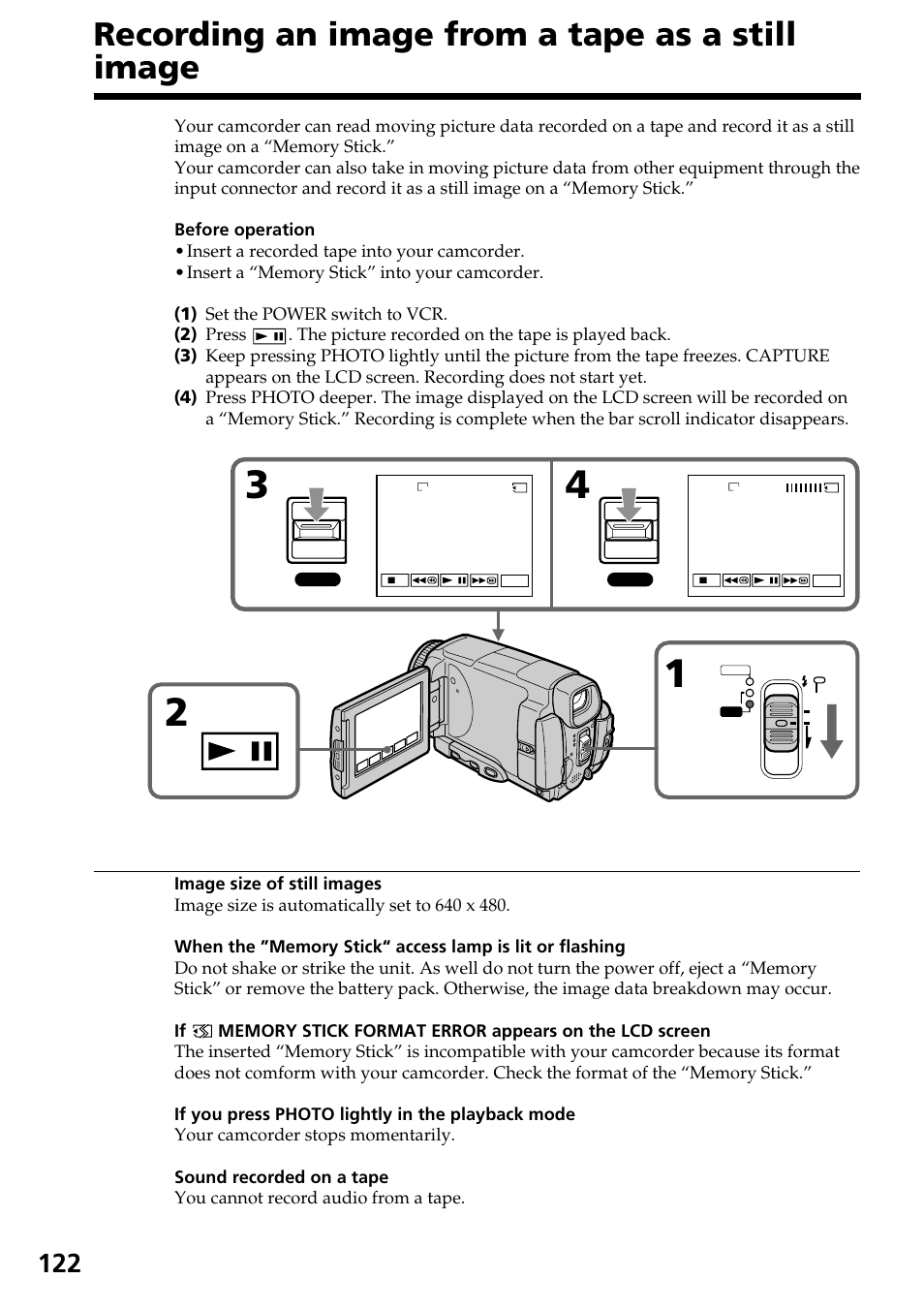 Recording an image from a tape as a still image | Sony DCR-IP55 User Manual | Page 122 / 216