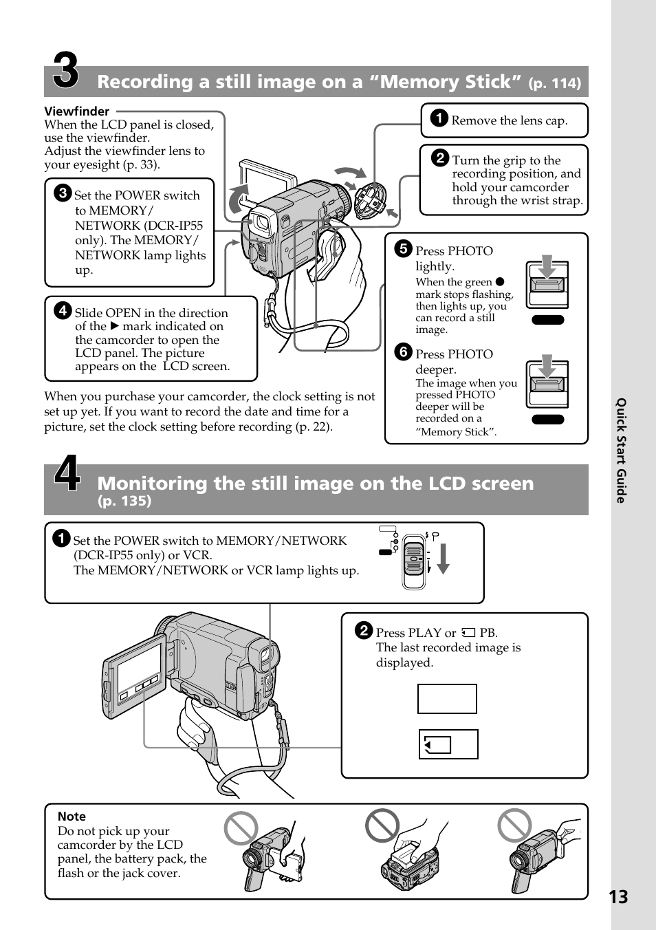 Monitoring the still image on the lcd screen, Play | Sony DCR-IP55 User Manual | Page 13 / 216