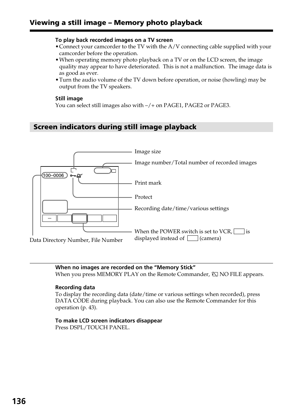 Screen indicators during still image playback | Sony DCR-IP55 User Manual | Page 136 / 216