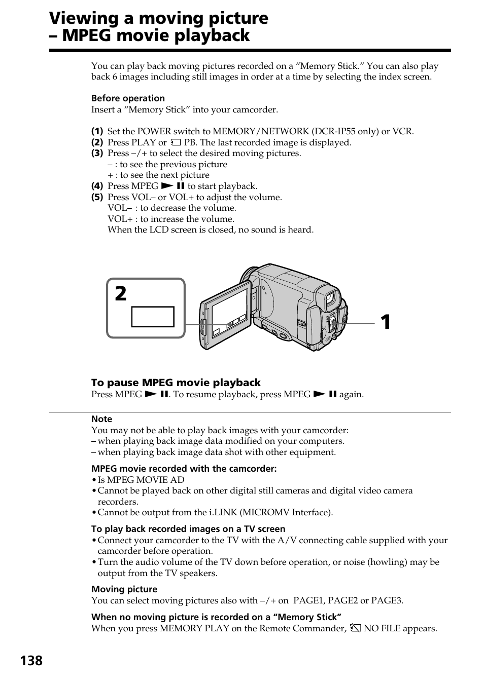 Viewing a moving picture – mpeg movie playback, Play | Sony DCR-IP55 User Manual | Page 138 / 216