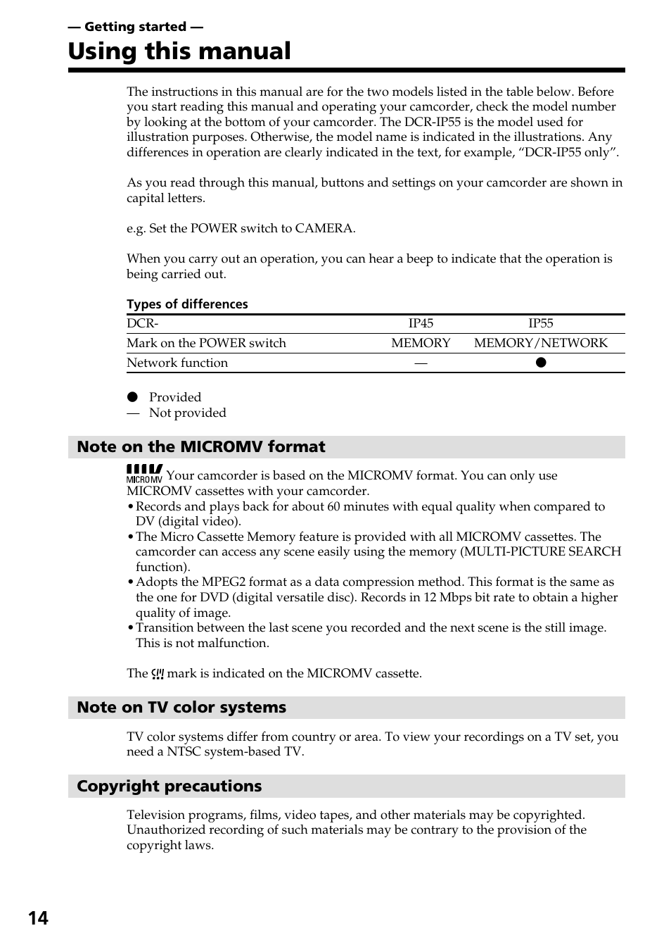 Using this manual | Sony DCR-IP55 User Manual | Page 14 / 216
