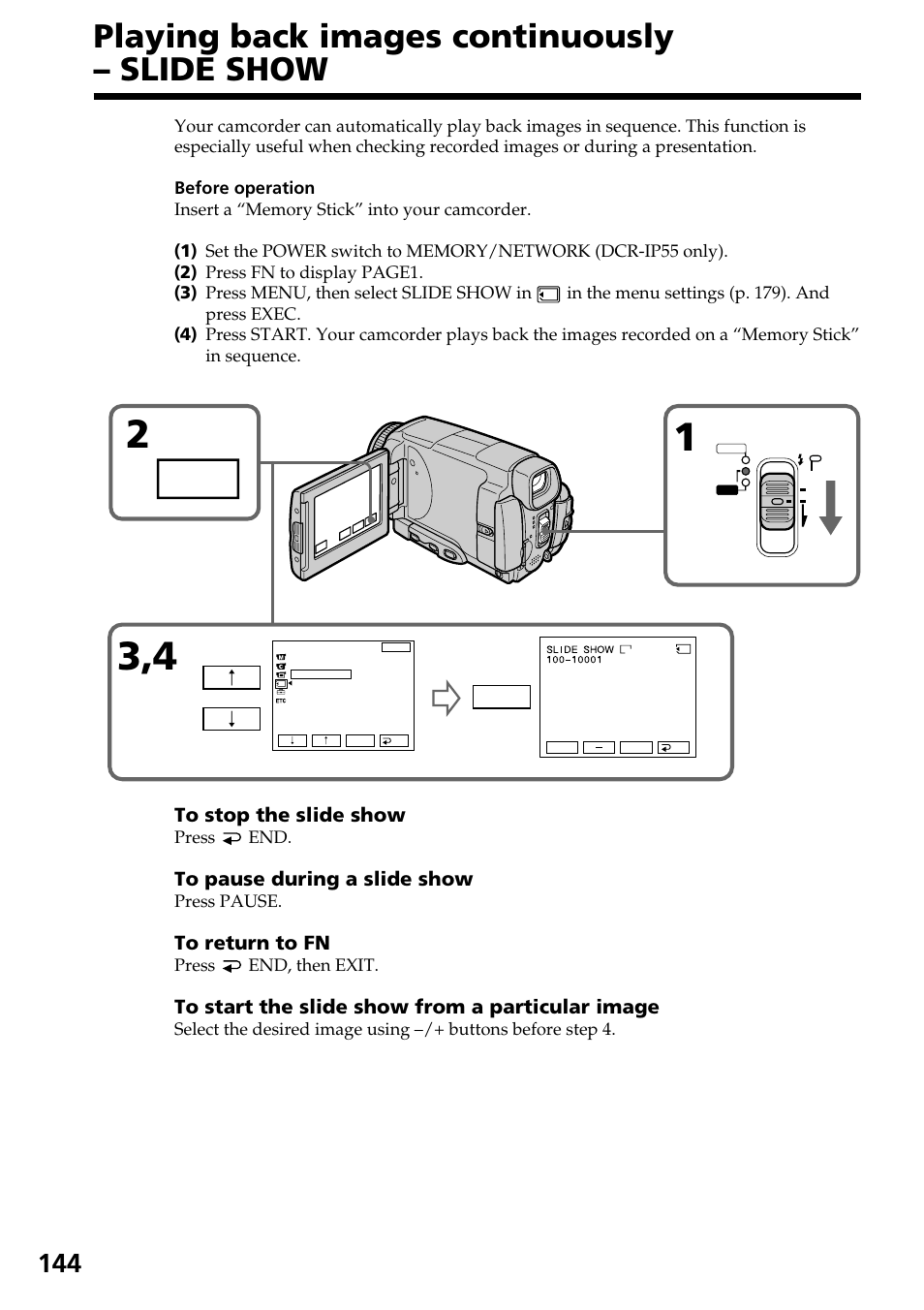 Playing back images continuously – slide show | Sony DCR-IP55 User Manual | Page 144 / 216