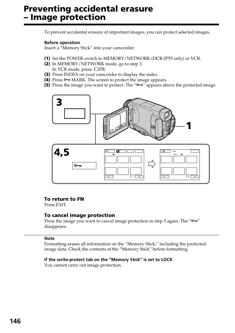 Preventing accidental erasure – image protection, Index, Mark | Sony DCR-IP55 User Manual | Page 146 / 216