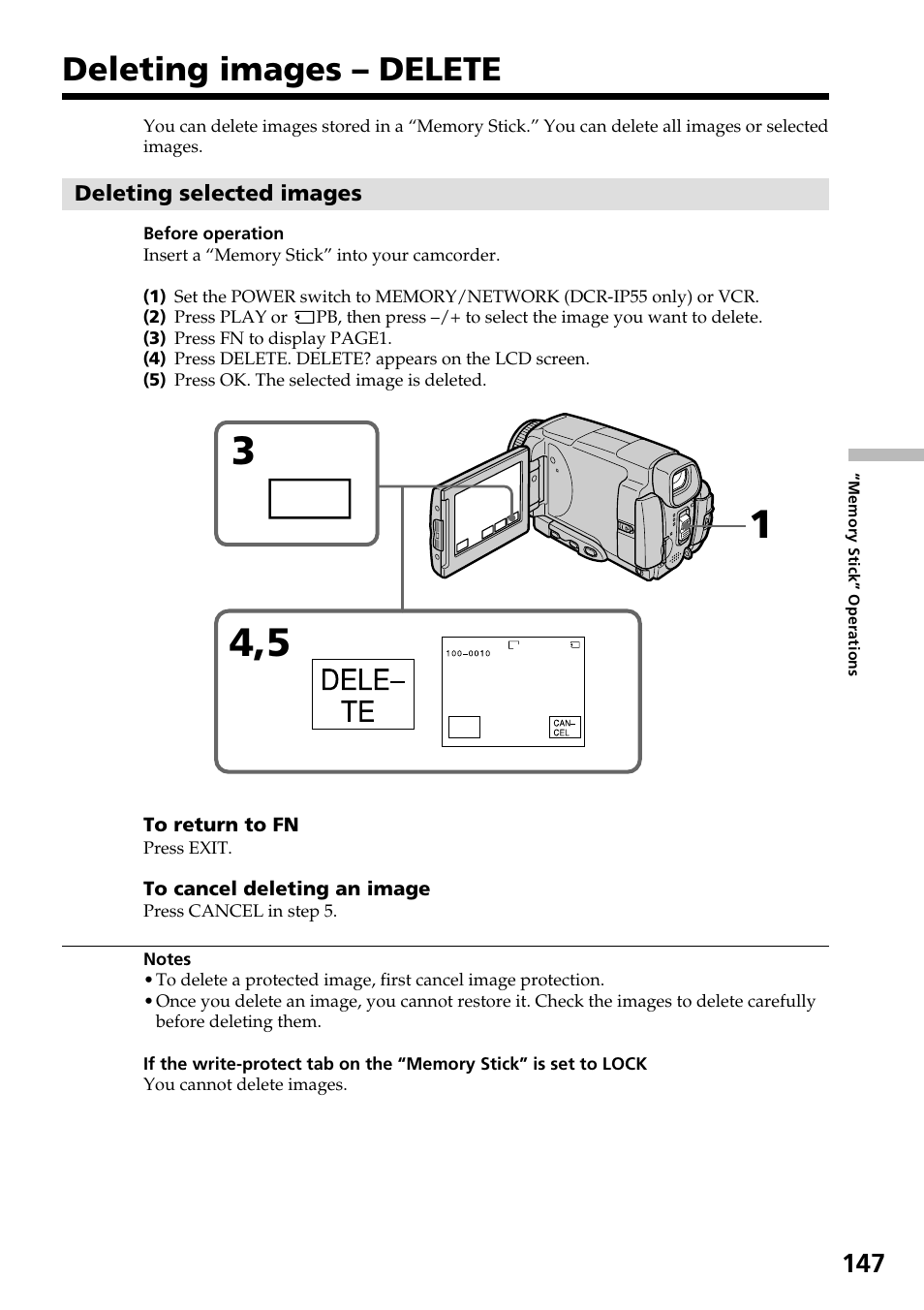 Deleting images – delete | Sony DCR-IP55 User Manual | Page 147 / 216