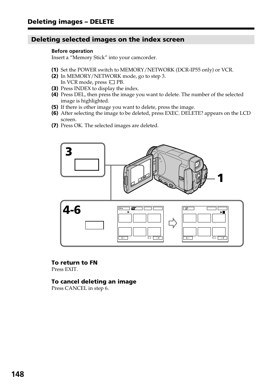 Index, Deleting selected images on the index screen, Deleting images – delete | Sony DCR-IP55 User Manual | Page 148 / 216