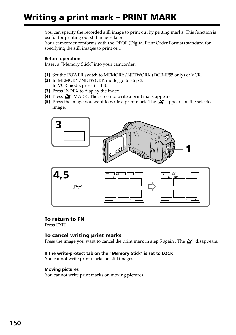 Writing a print mark – print mark, Index, Mark | Sony DCR-IP55 User Manual | Page 150 / 216