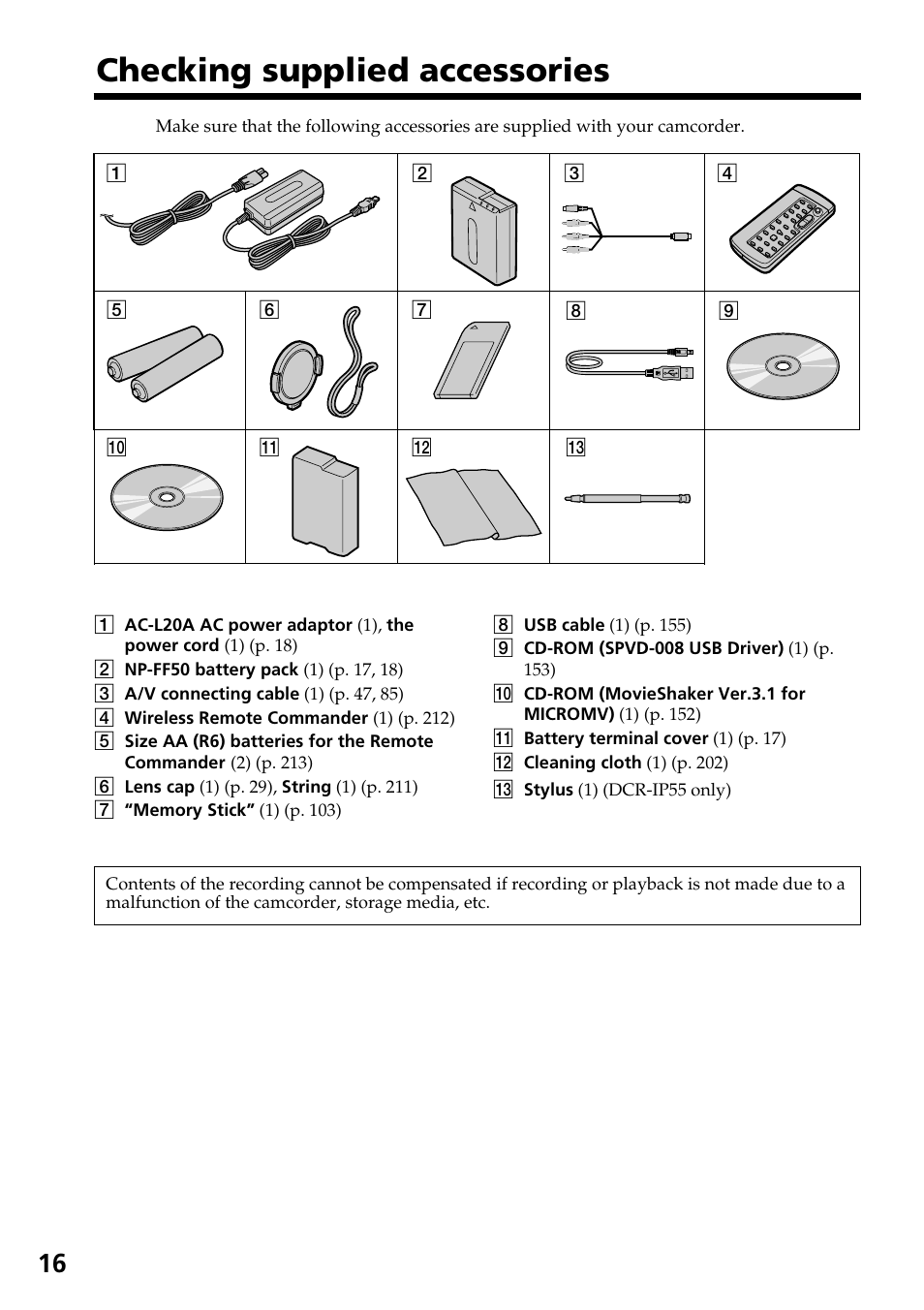 Checking supplied accessories | Sony DCR-IP55 User Manual | Page 16 / 216