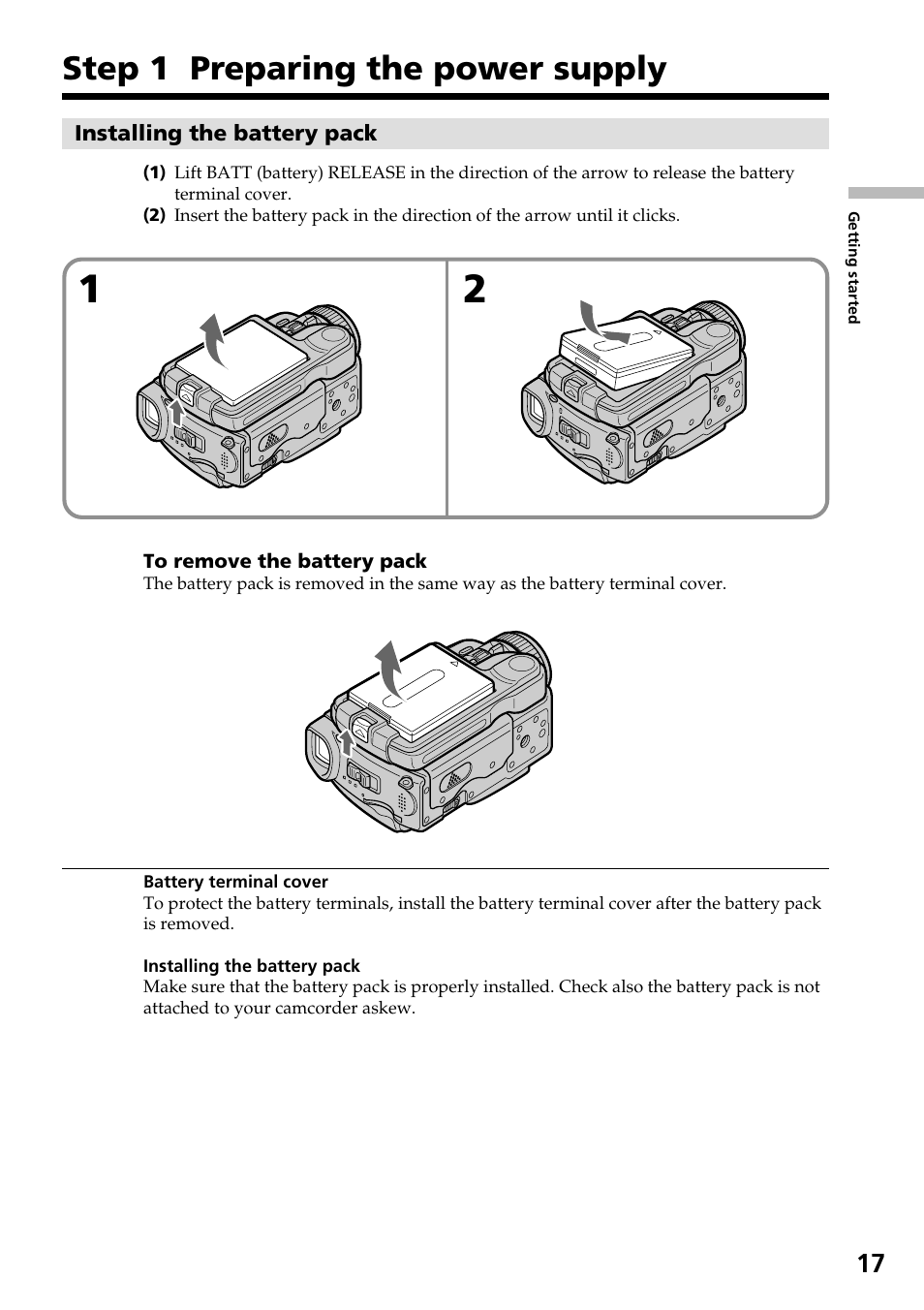 Step 1 preparing the power supply | Sony DCR-IP55 User Manual | Page 17 / 216