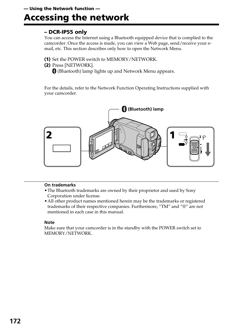 Accessing the network, Network | Sony DCR-IP55 User Manual | Page 172 / 216