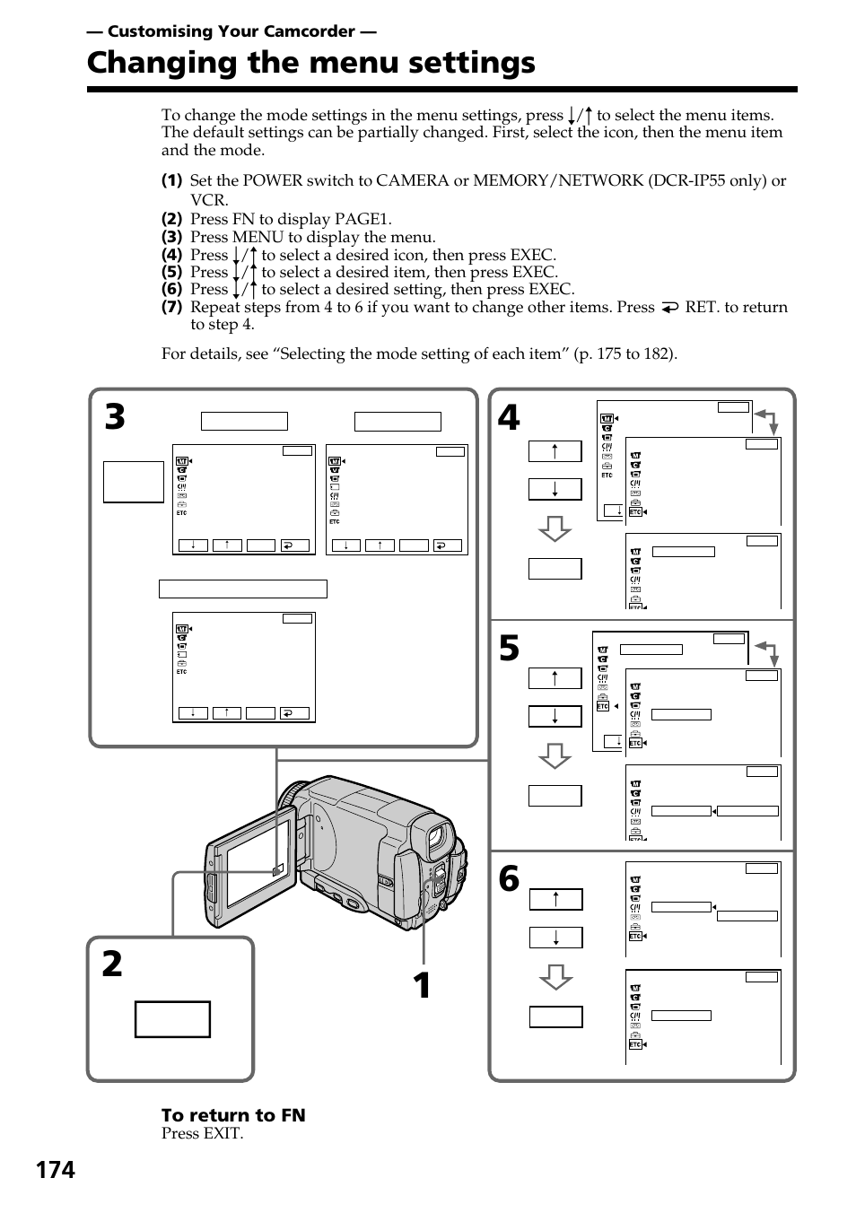 Changing the menu settings, Menu, Press exit | Camera, Customising your camcorder | Sony DCR-IP55 User Manual | Page 174 / 216