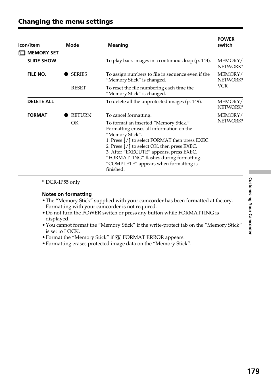 Changing the menu settings | Sony DCR-IP55 User Manual | Page 179 / 216