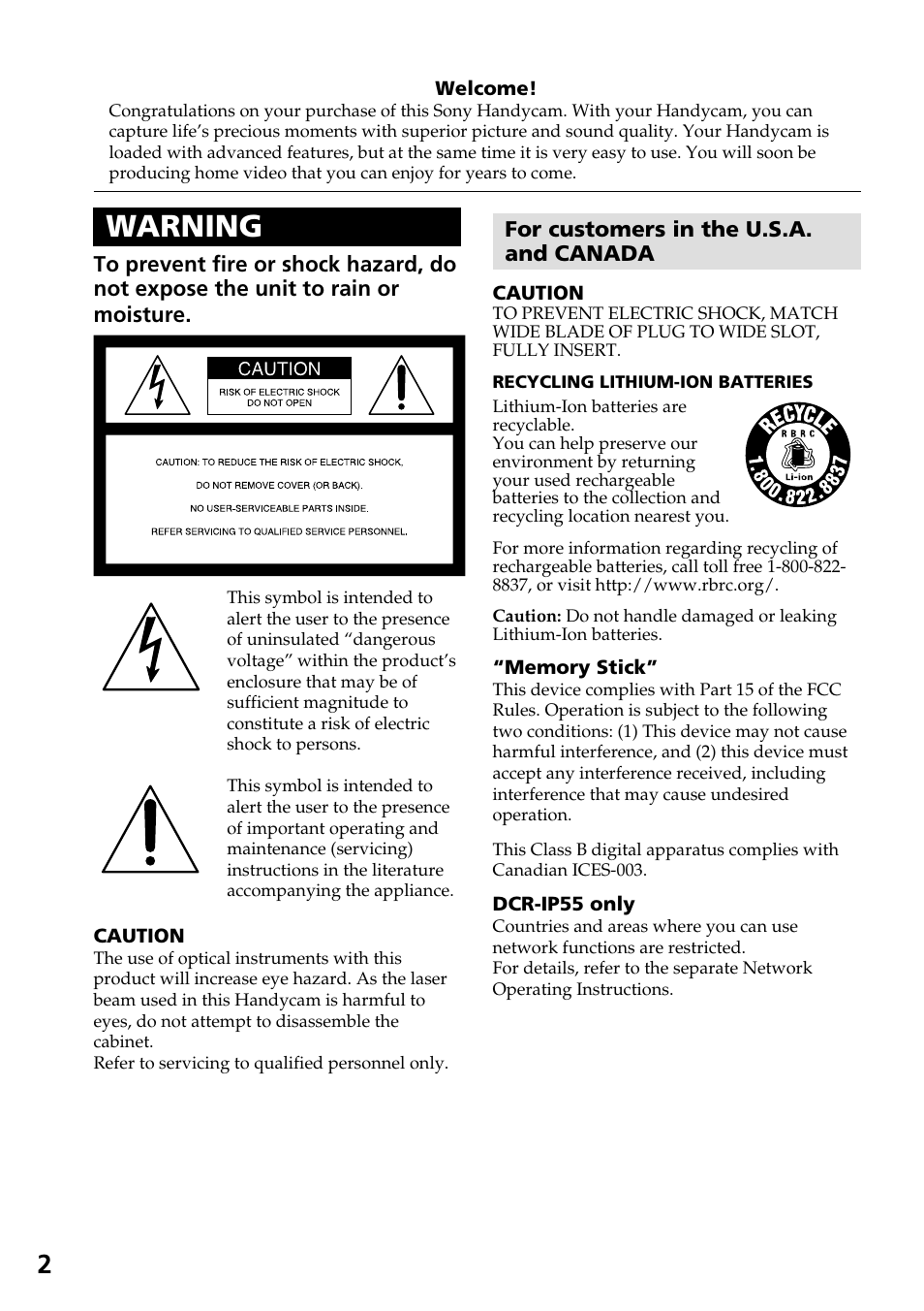 Warning | Sony DCR-IP55 User Manual | Page 2 / 216