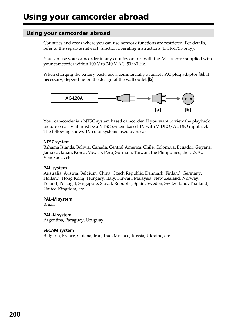 Using your camcorder abroad | Sony DCR-IP55 User Manual | Page 200 / 216