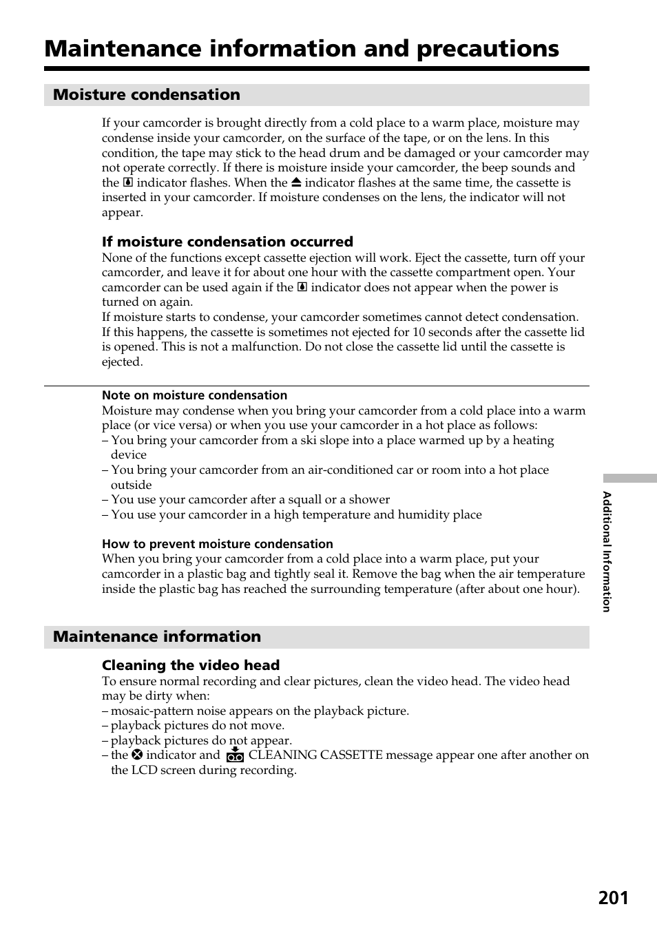 Maintenance information and precautions | Sony DCR-IP55 User Manual | Page 201 / 216