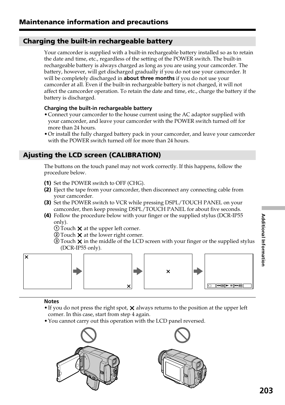 Maintenance information and precautions, Charging the built-in rechargeable battery, Ajusting the lcd screen (calibration) | Sony DCR-IP55 User Manual | Page 203 / 216