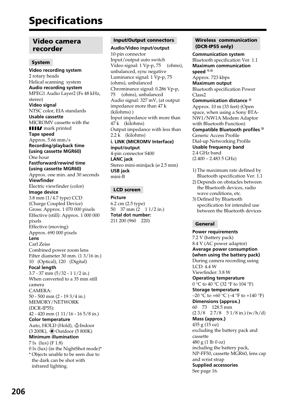 Specifications, Video camera recorder | Sony DCR-IP55 User Manual | Page 206 / 216