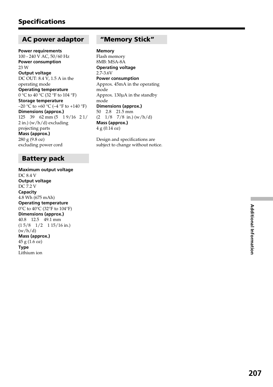 Specifications ac power adaptor, Battery pack | Sony DCR-IP55 User Manual | Page 207 / 216