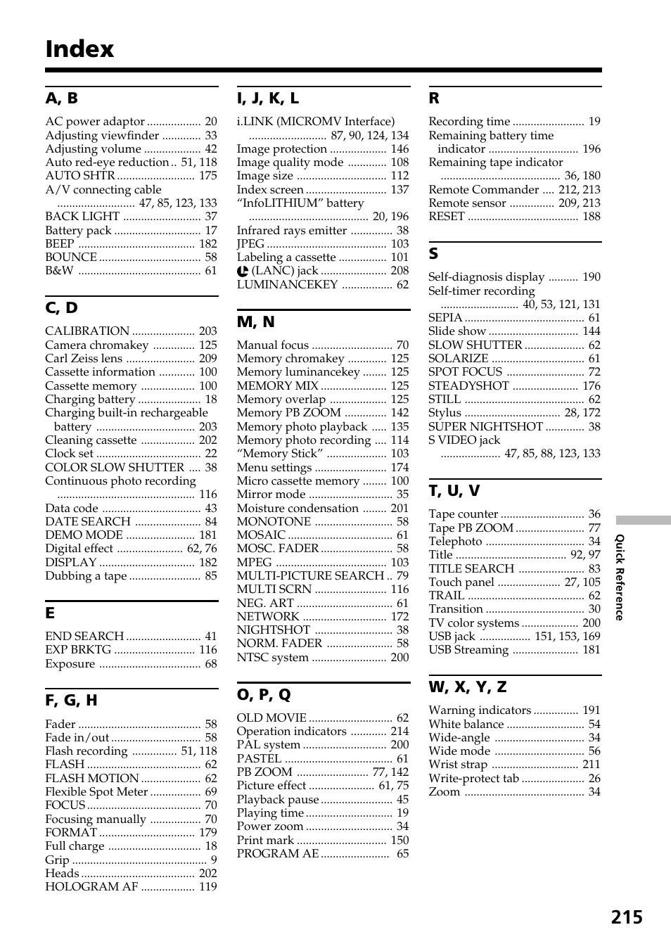 Index | Sony DCR-IP55 User Manual | Page 215 / 216
