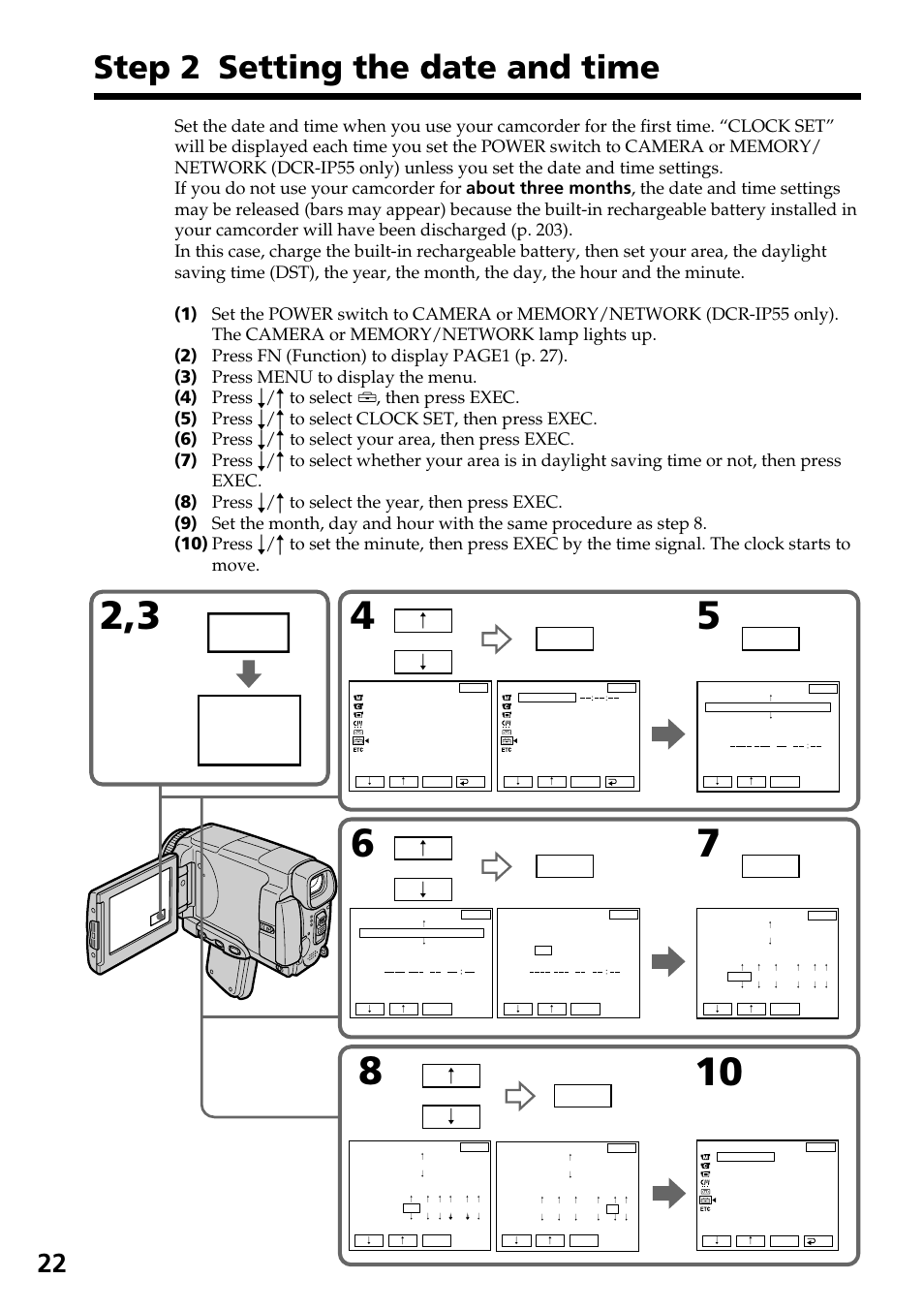 Step 2 setting the date and time, Menu, Exec | Sony DCR-IP55 User Manual | Page 22 / 216