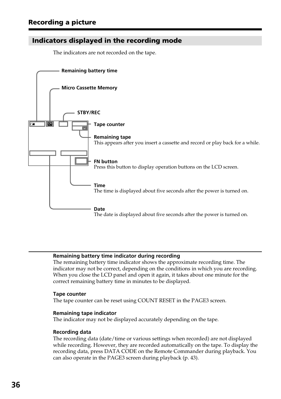 Indicators displayed in the recording mode, Recording a picture | Sony DCR-IP55 User Manual | Page 36 / 216