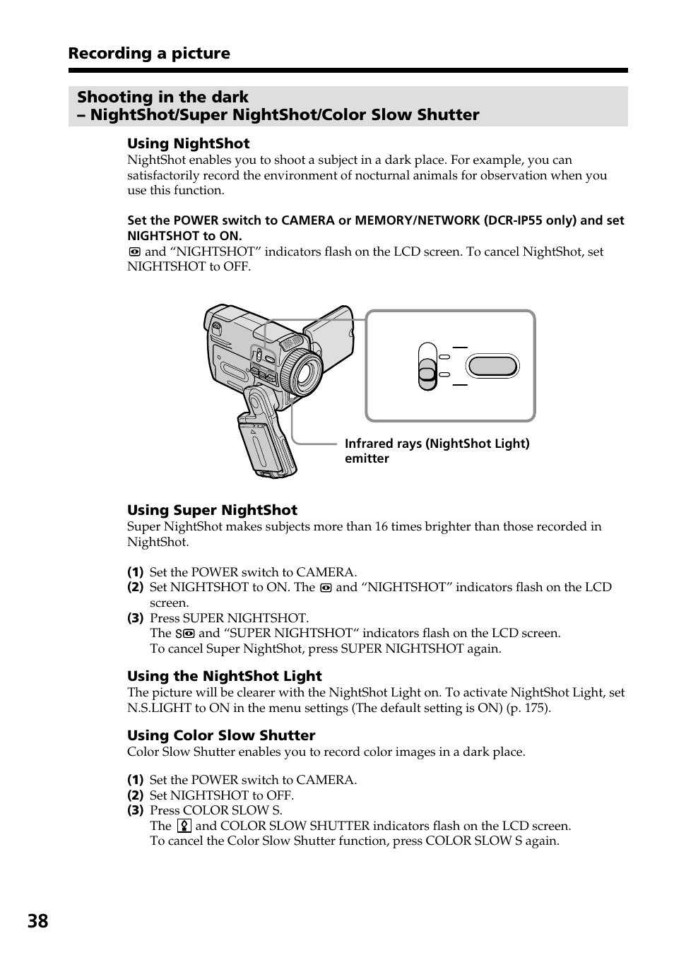 Recording a picture | Sony DCR-IP55 User Manual | Page 38 / 216