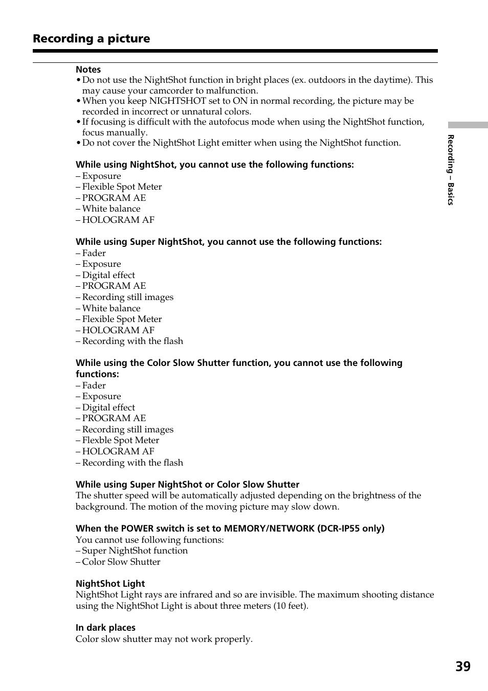 Recording a picture | Sony DCR-IP55 User Manual | Page 39 / 216