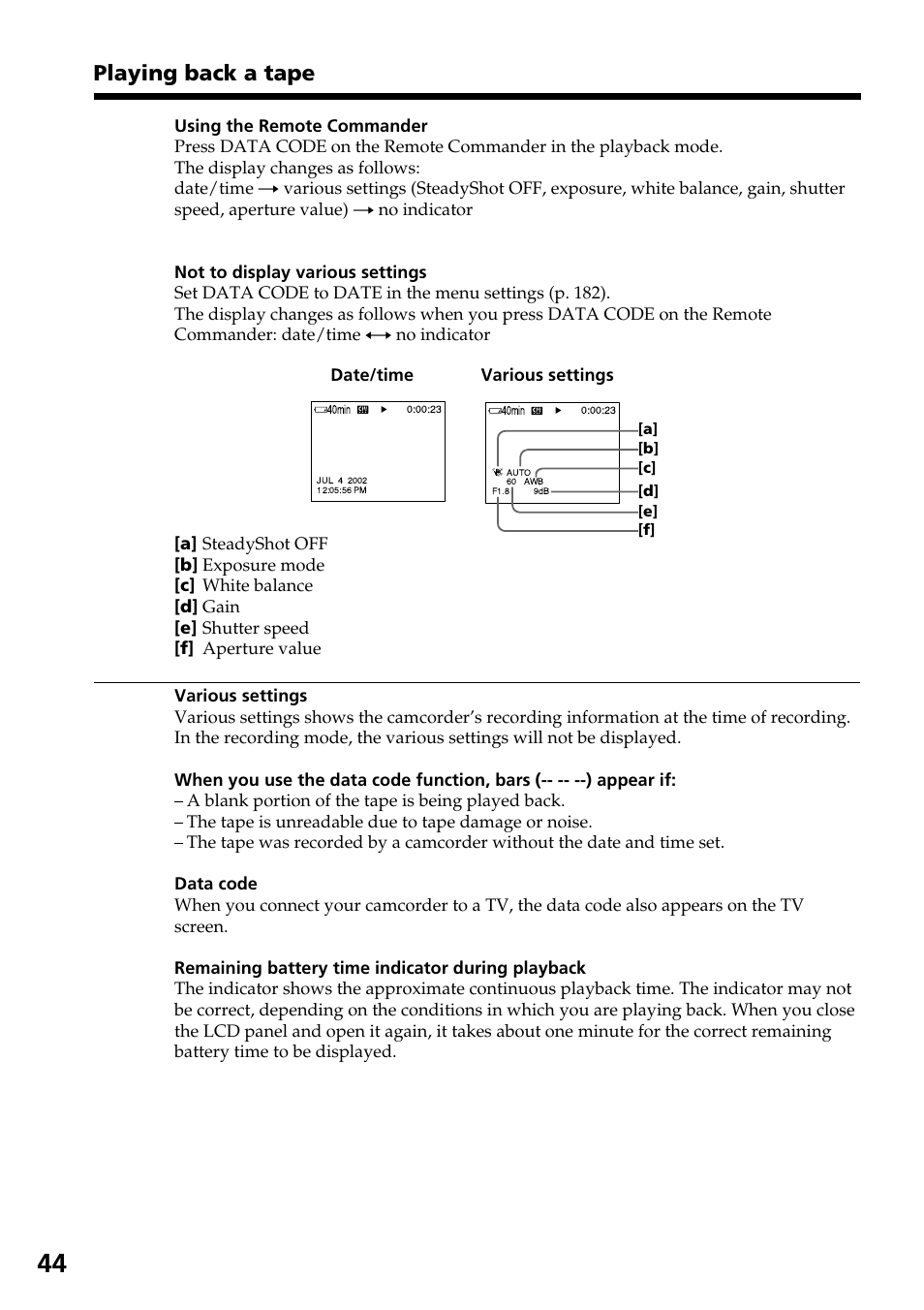 Playing back a tape | Sony DCR-IP55 User Manual | Page 44 / 216