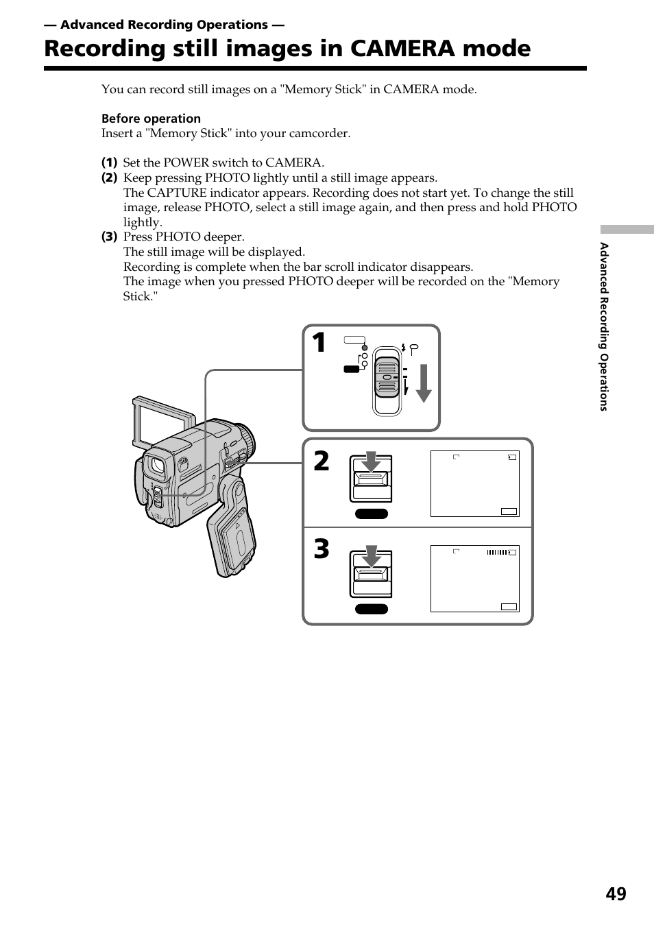 Recording still images in camera mode | Sony DCR-IP55 User Manual | Page 49 / 216