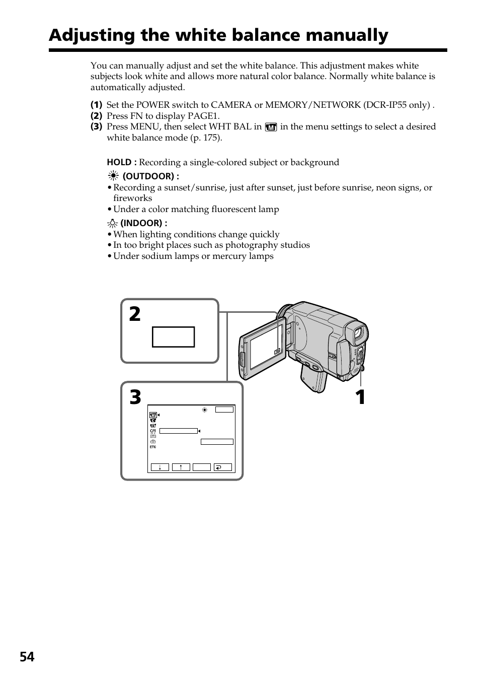 Adjusting the white balance manually | Sony DCR-IP55 User Manual | Page 54 / 216