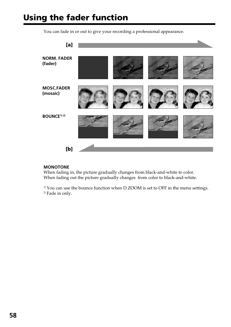Using the fader function | Sony DCR-IP55 User Manual | Page 58 / 216