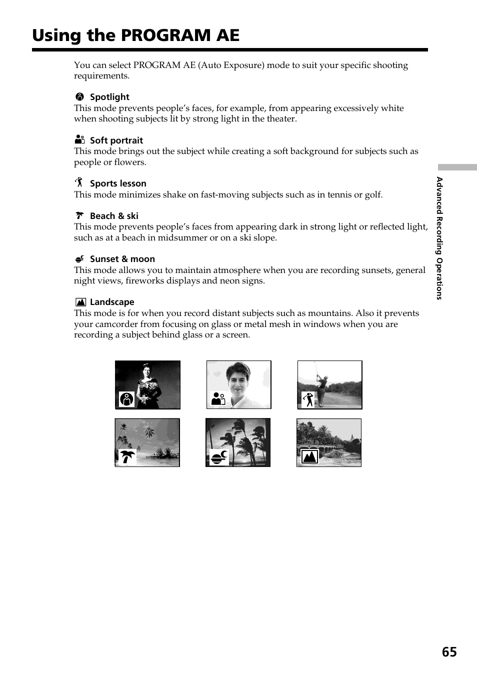 Using the program ae | Sony DCR-IP55 User Manual | Page 65 / 216