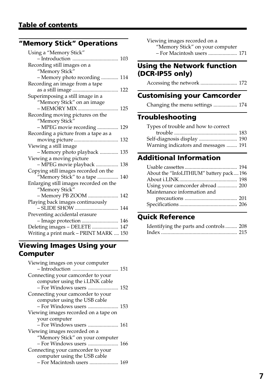 Viewing images using your computer, Using the network function (dcr-ip55 only), Customising your camcorder | Troubleshooting, Additional information, Quick reference | Sony DCR-IP55 User Manual | Page 7 / 216