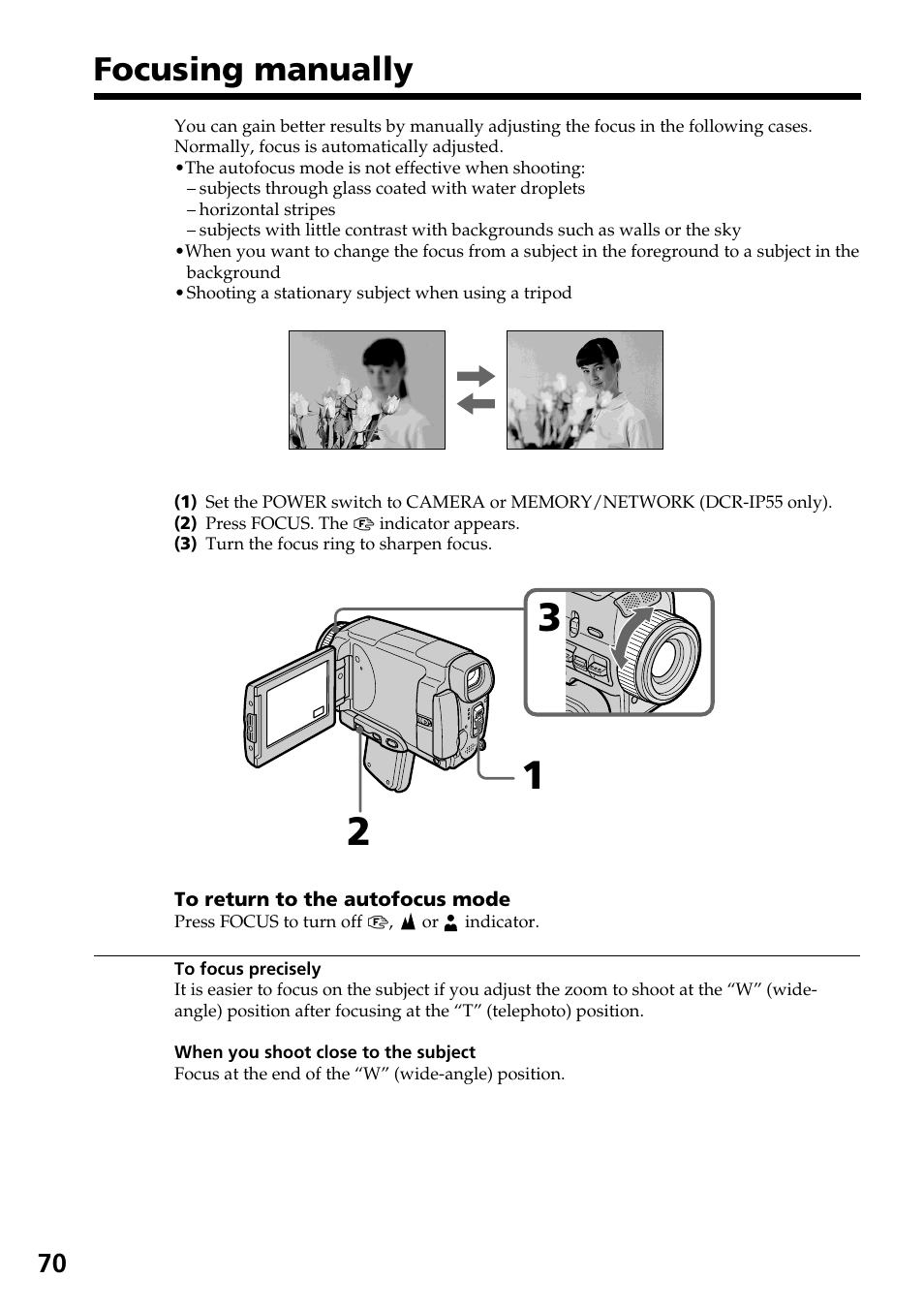 Focusing manually | Sony DCR-IP55 User Manual | Page 70 / 216