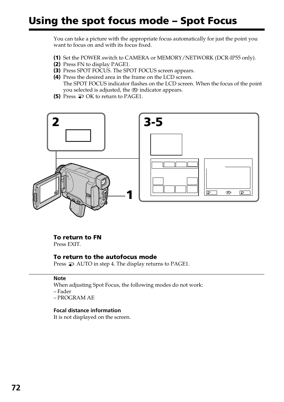 Using the spot focus mode – spot focus, Spot focus | Sony DCR-IP55 User Manual | Page 72 / 216