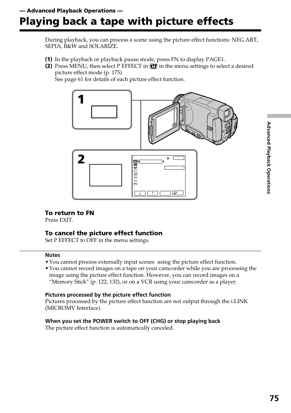 Playing back a tape with picture effects, Menu | Sony DCR-IP55 User Manual | Page 75 / 216