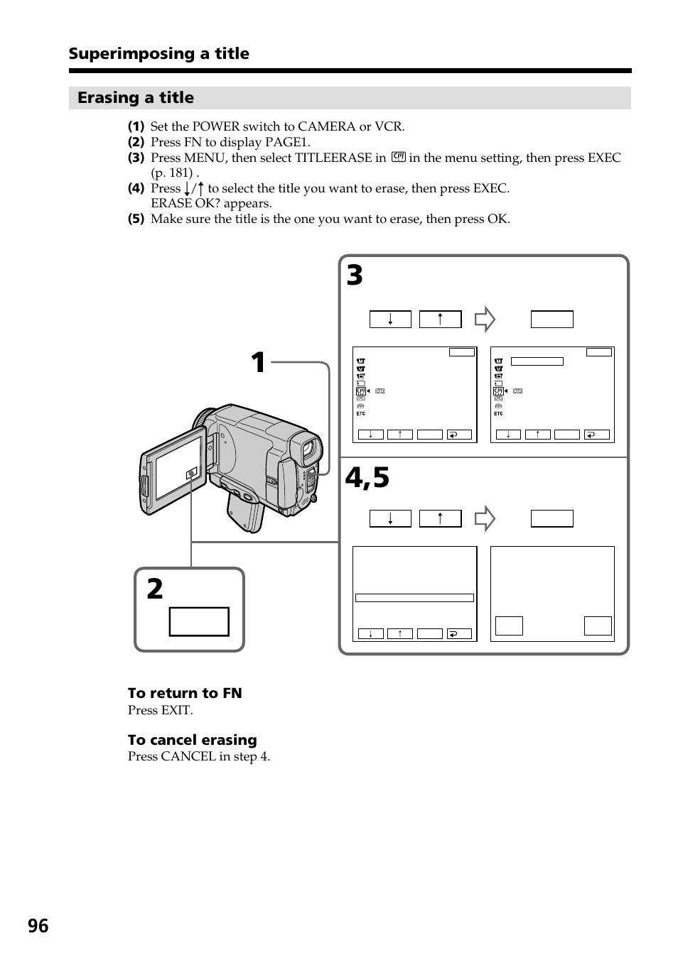 Erasing a title, Superimposing a title | Sony DCR-IP55 User Manual | Page 96 / 216