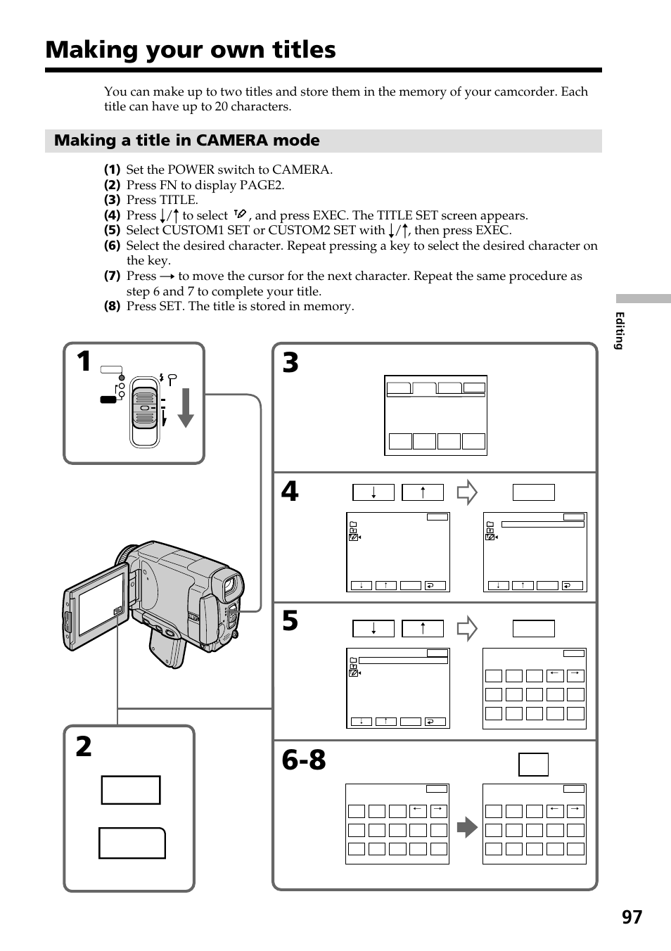 Making your own titles, Page2, Making a title in camera mode | Exec | Sony DCR-IP55 User Manual | Page 97 / 216