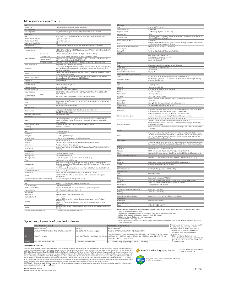 Main specifications of, System requirements of bundled software | Sony SLT-A57K User Manual | Page 16 / 16