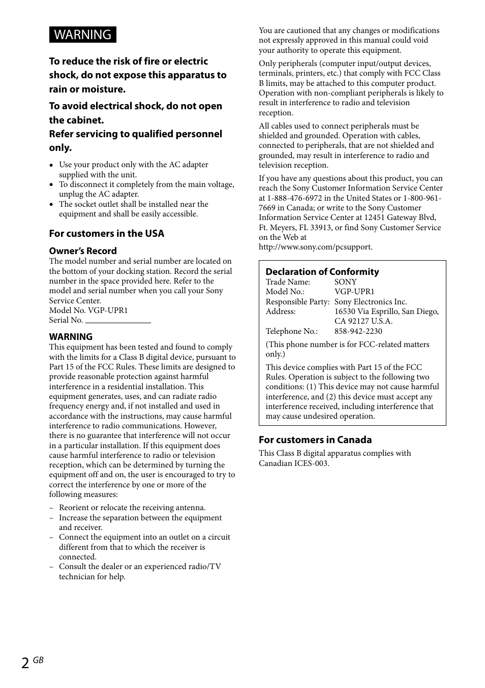 Warning | Sony VGP-UPR1 User Manual | Page 30 / 140