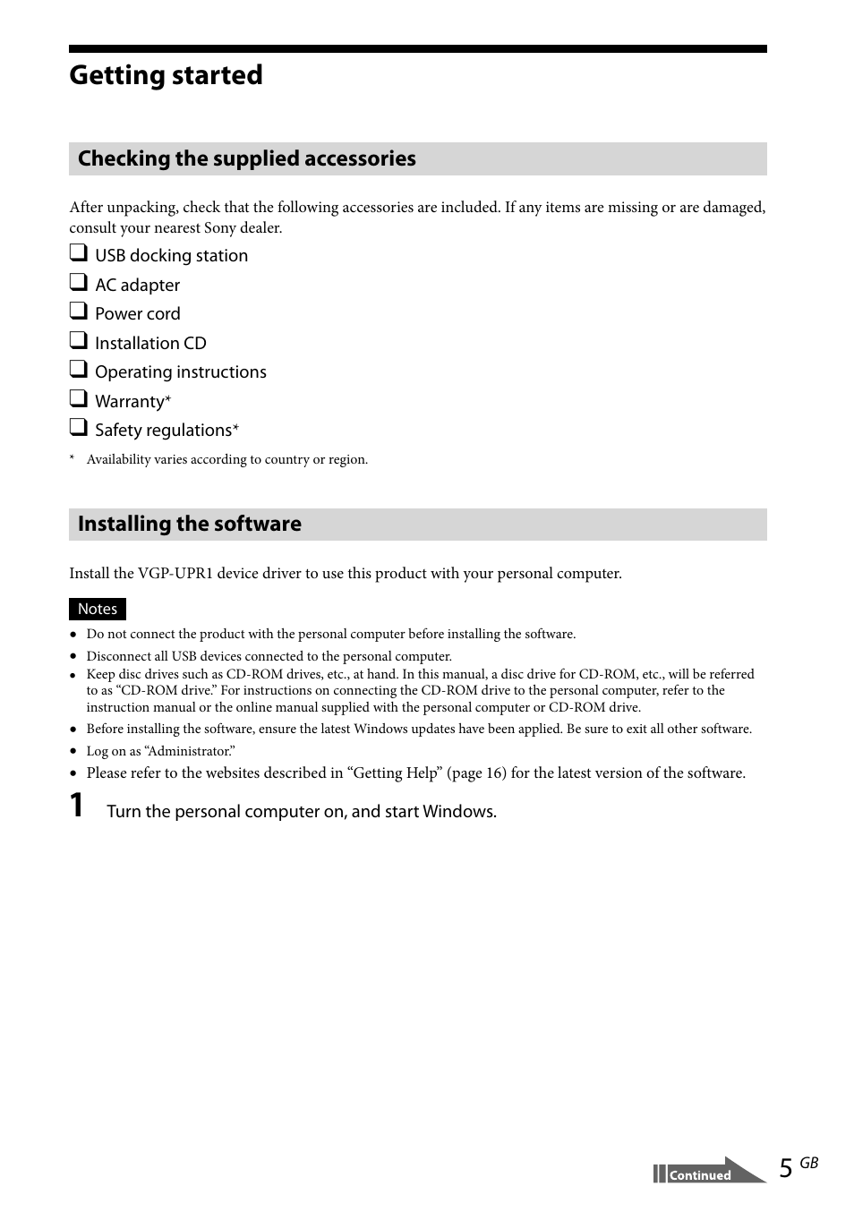 Getting started, Checking the supplied accessories, Installing the software | Sony VGP-UPR1 User Manual | Page 33 / 140