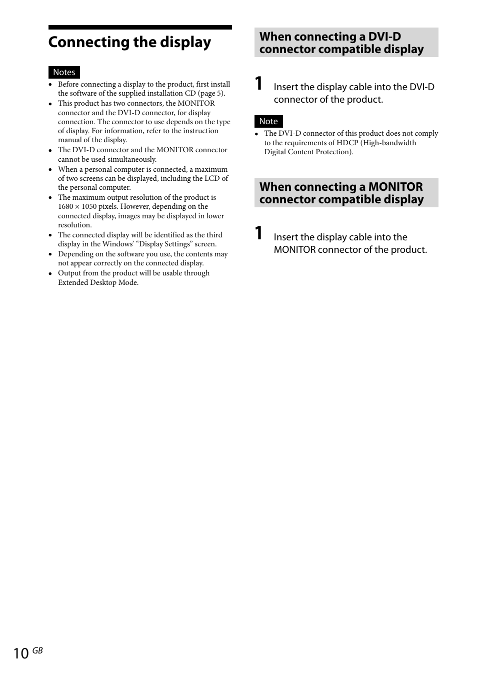 Connecting the display, When connecting a dvi-d connector, Compatible display | When connecting a monitor, Connector compatible display | Sony VGP-UPR1 User Manual | Page 38 / 140