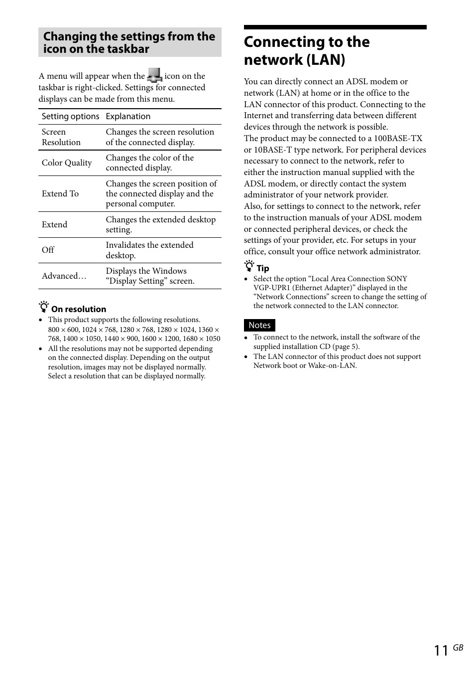 Changing the settings from the icon on the taskbar, Connecting to the network (lan), Changing the settings from the icon | On the taskbar | Sony VGP-UPR1 User Manual | Page 39 / 140