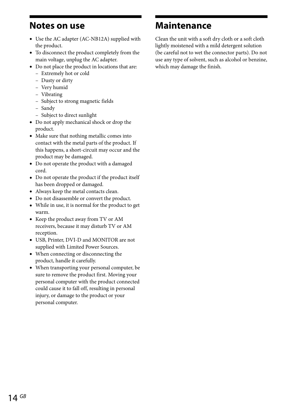 Notes on use, Maintenance, Notes on use maintenance | Others | Sony VGP-UPR1 User Manual | Page 42 / 140