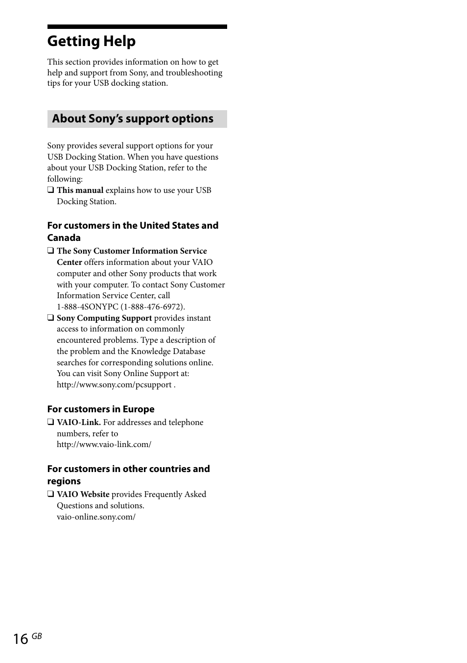 Getting help, About sony’s support options | Sony VGP-UPR1 User Manual | Page 44 / 140