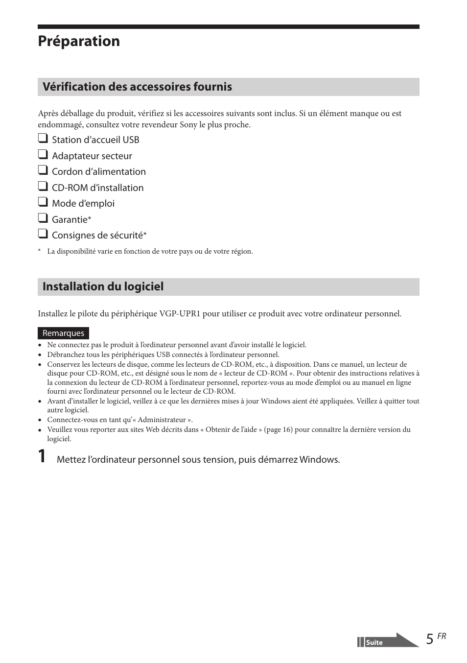 Préparation, Vérification des accessoires fournis, Installation du logiciel | Sony VGP-UPR1 User Manual | Page 55 / 140