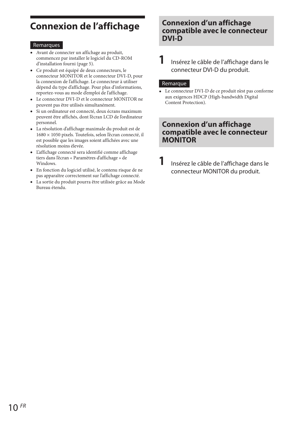 Connexion de l’affichage, Connexion d’un affichage compatible avec, Le connecteur dvi-d | Le connecteur monitor | Sony VGP-UPR1 User Manual | Page 60 / 140