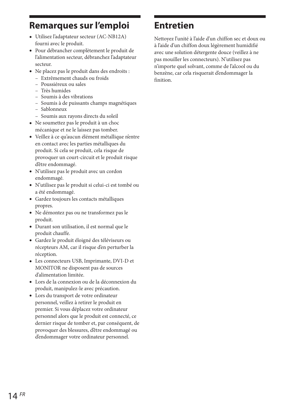 Remarques sur l’emploi, Entretien, Remarques sur l’emploi entretien | Autres | Sony VGP-UPR1 User Manual | Page 64 / 140