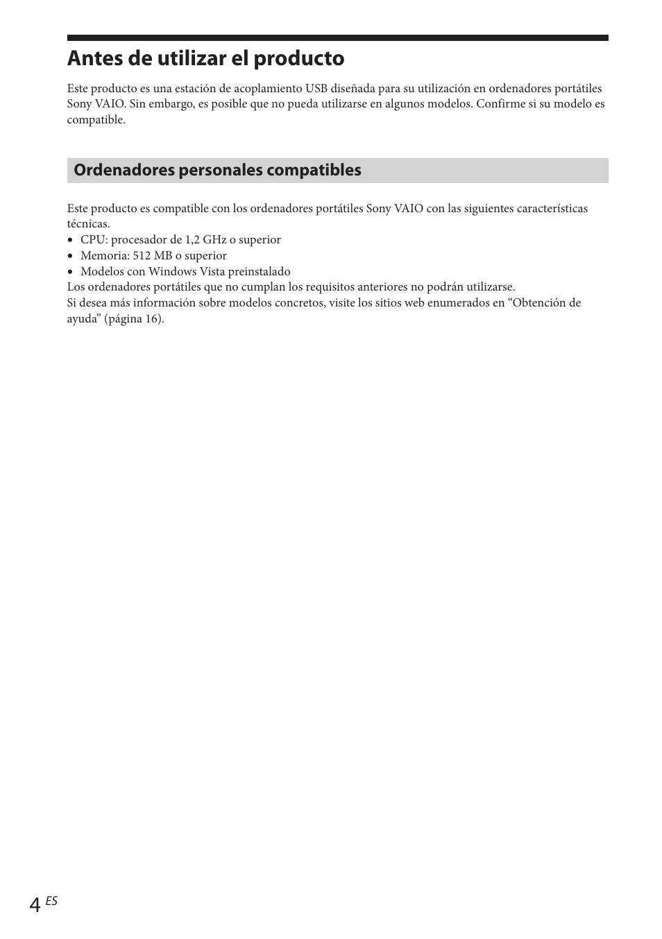 Antes de utilizar el producto, Ordenadores personales compatibles, Introducción | Sony VGP-UPR1 User Manual | Page 76 / 140