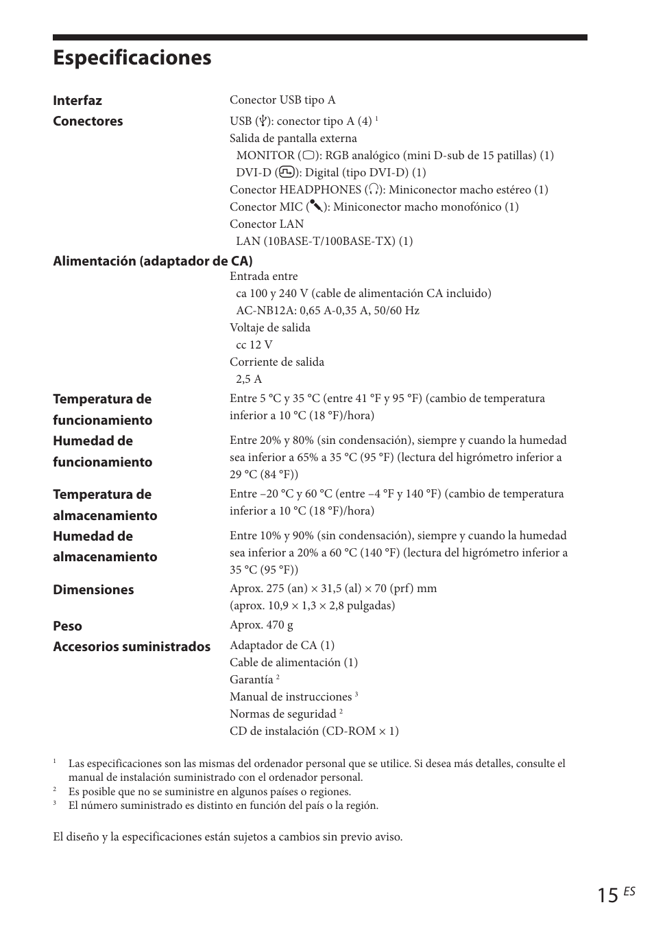 Especificaciones | Sony VGP-UPR1 User Manual | Page 87 / 140